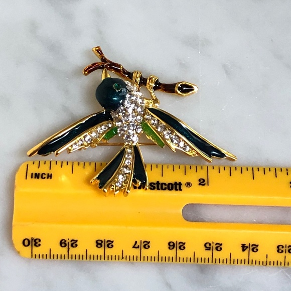 (NEW) Green Blue Brown Enamel Bird on Tree Branch Gold Brooch Pin Rhinestone - Picture 5 of 7